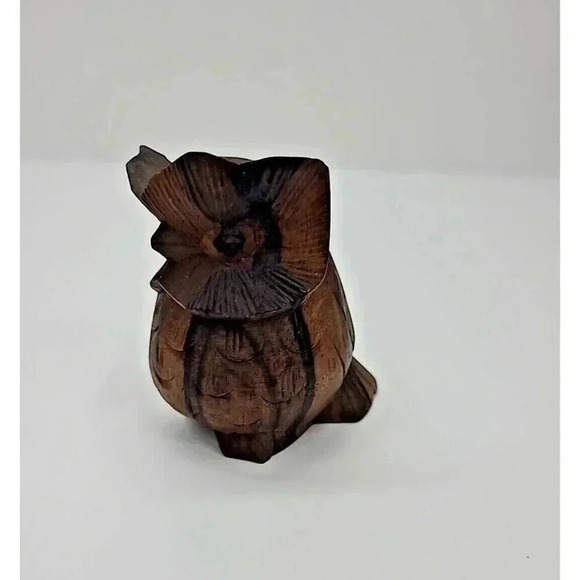 Vintage Hand Carved Walnut Wood Horned Owl Figurine MCM 2.5 Inch Shelf Sitter - Picture 2 of 6
